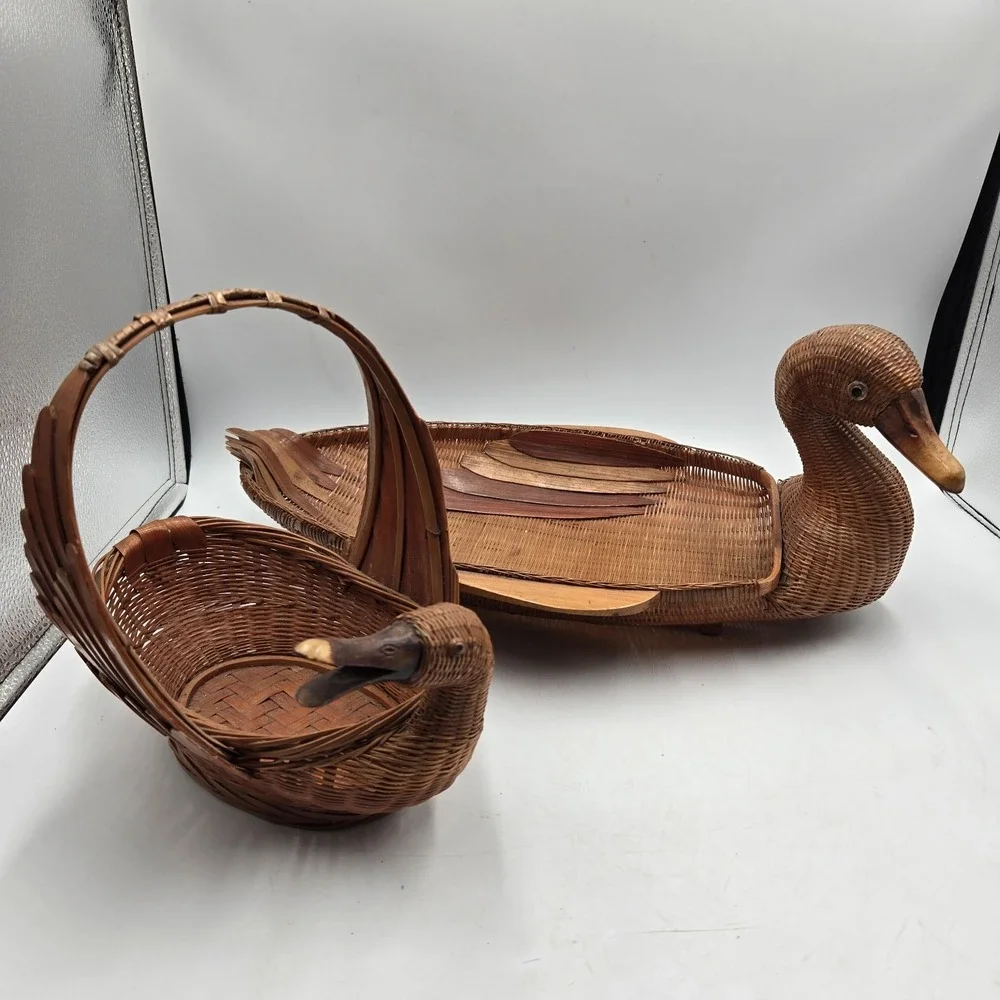 Vtg Goose Duck Baskets Bamboo Rattan Wicker With Handle Cottagecore Boho EUC